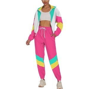 NEW 80s Women's XL Retro Colorblock Tracksuit Jacket Pants‎ Set Outfit